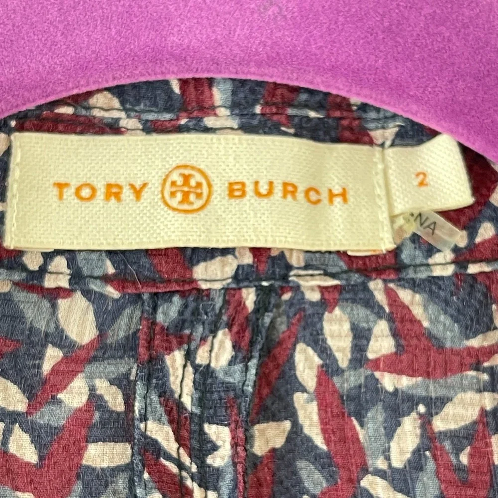 Tory Burch Top Womens Size 2 Red Agate Confetti‎ Silk Long Sleeve Drop Waist Tie